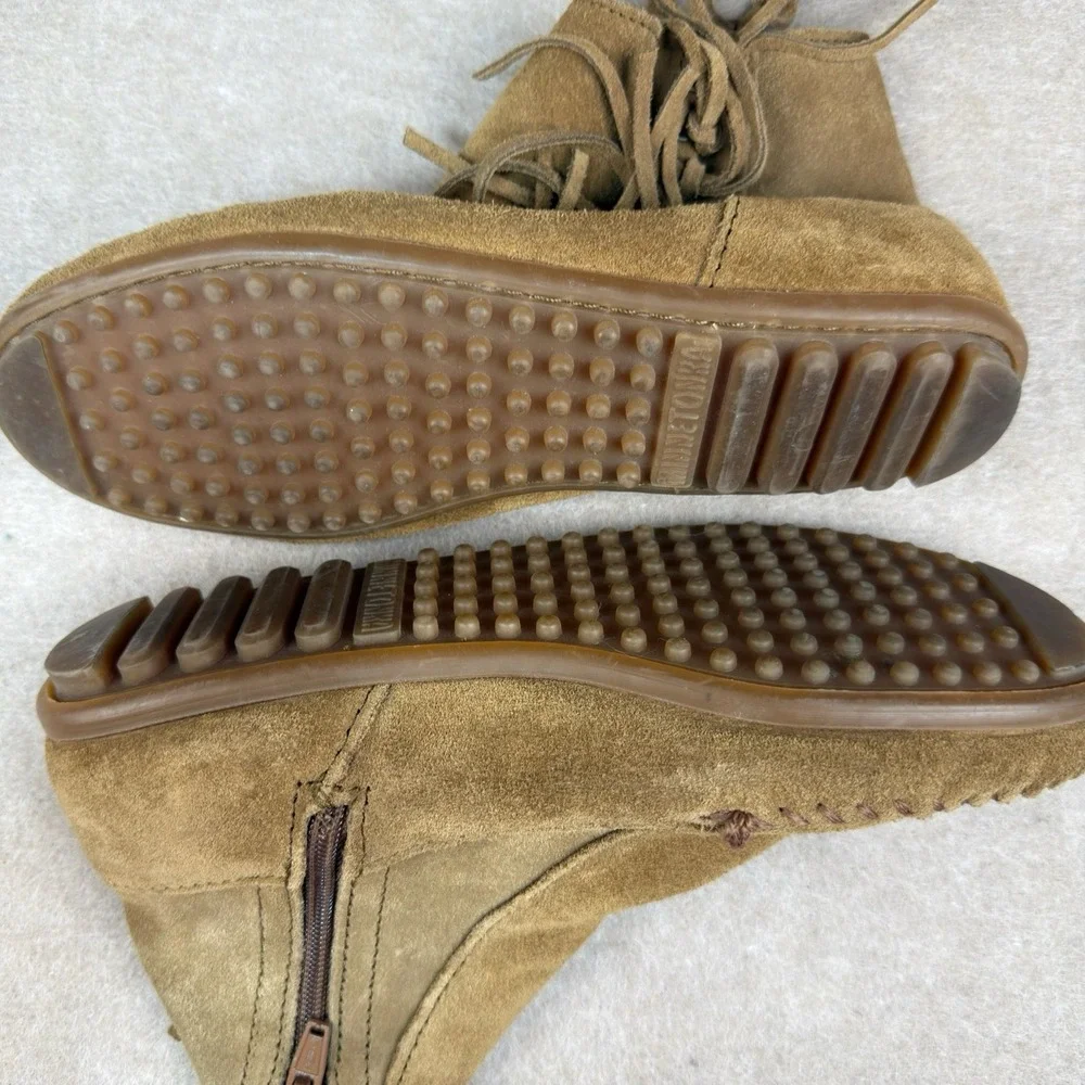 Vintage Minnetonka Boots Women's 6 Brown Suede Moccasin Fringe Zip Soft Sole 663